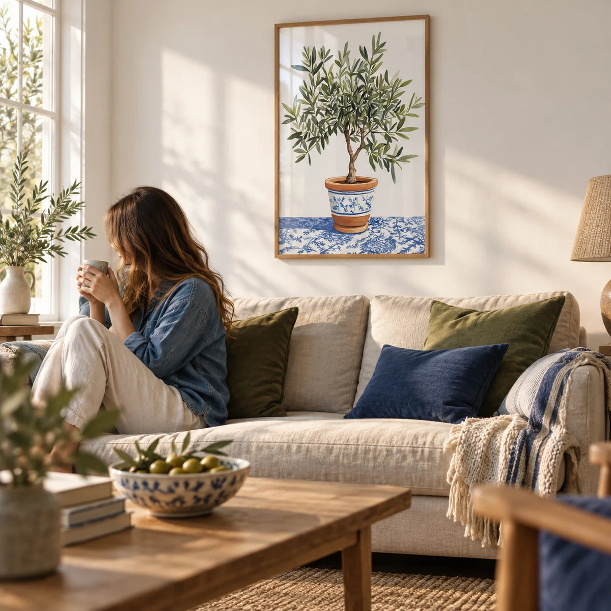 Olive Tree Art Print, framed on the wall of a calm living room with a soft white wall