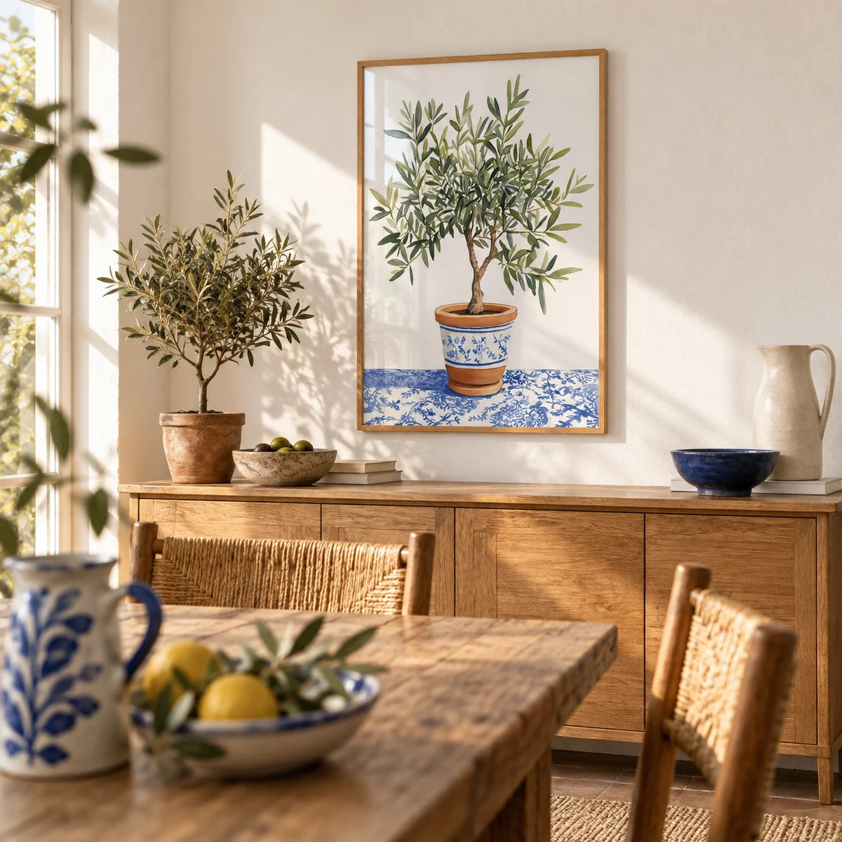 Olive Tree Art Print, framed on the wall of a sunny dining room with a warm white wall