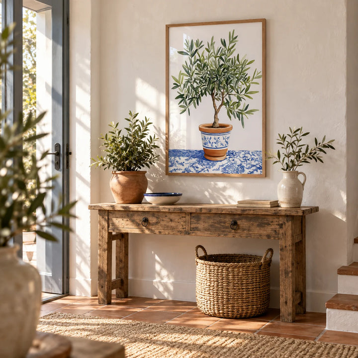 Olive Tree Art Print, framed on the wall of a sunny entrance hall with a whitewashed wall and terracotta tiles