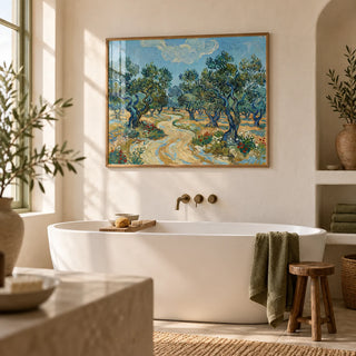 Olive Tree Landscape Print, framed on the wall of a calm bathroom with warm white plaster walls