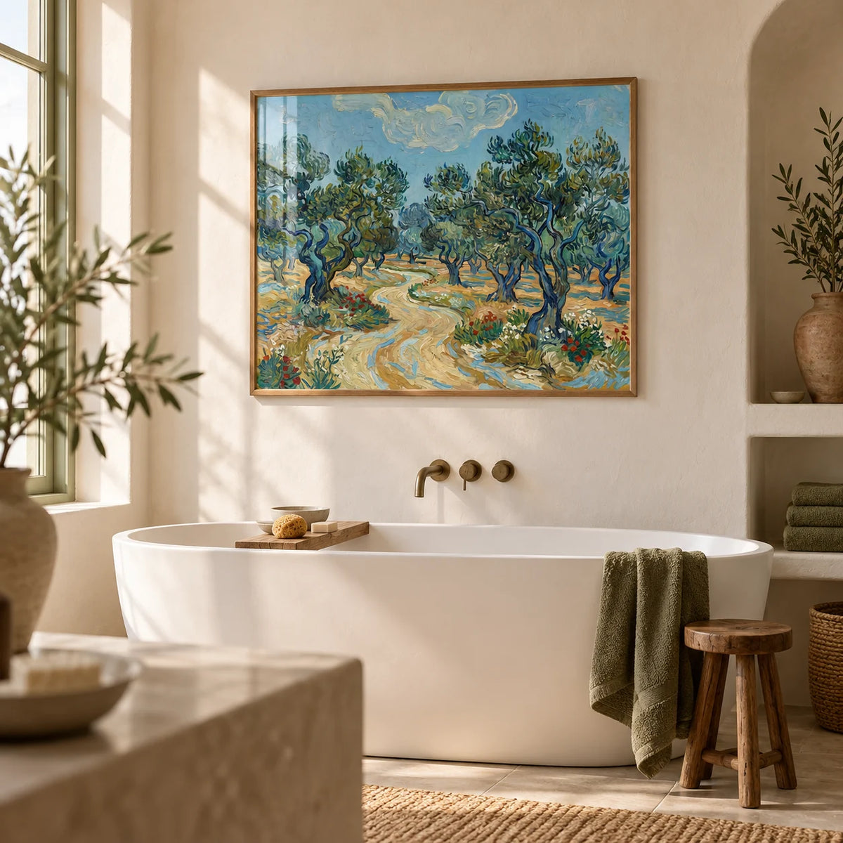 Olive Tree Landscape Print, framed on the wall of a calm bathroom with warm white plaster walls