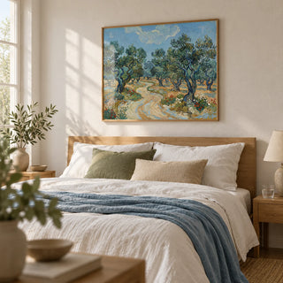 Olive Tree Landscape Print, framed on the wall of a calm bedroom with a soft white plaster wall