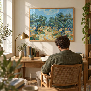 Olive Tree Landscape Print, framed on the wall of a sunny home study with a soft beige wall