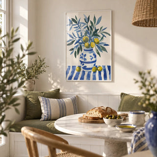 Olive Tree Wall Art, framed on the wall of a breakfast nook in a kitchen