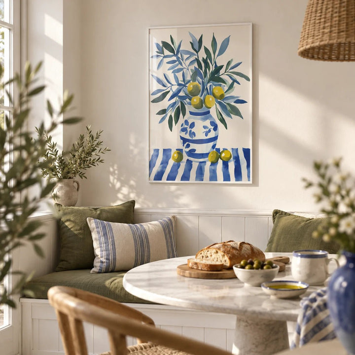 Olive Tree Wall Art, framed on the wall of a breakfast nook in a kitchen