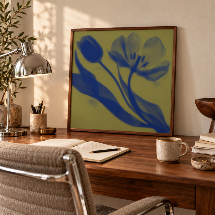 Olive Tulip Print styled in a home office (frame not included)