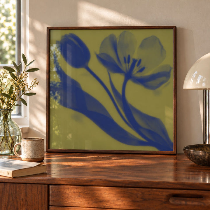 Olive Tulip Print shown close up on a sideboard (frame not included)