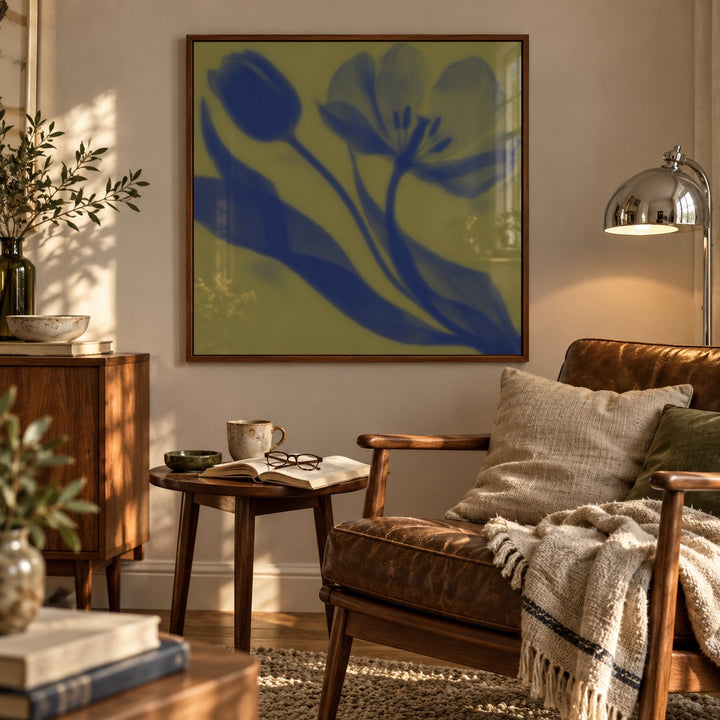 Olive Tulip Print styled in a reading corner (frame not included)