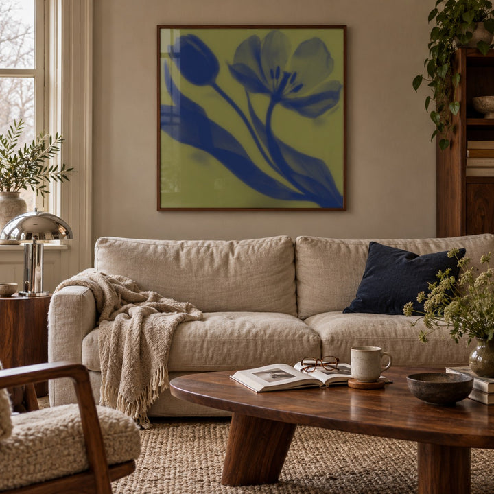 Olive Tulip Print styled in a living room (frame not included)