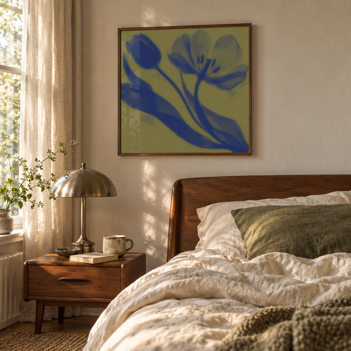Olive Tulip Print styled in a bedroom (frame not included)