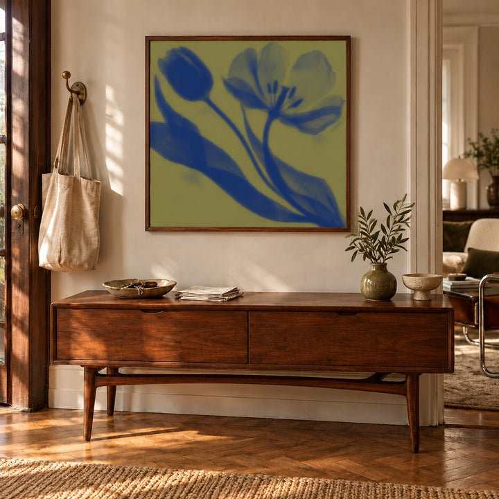 Olive Tulip Print styled in a hallway (frame not included)