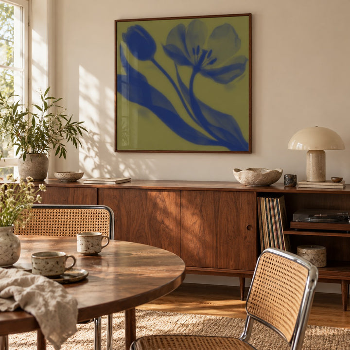 Olive Tulip Print styled in a dining room (frame not included)