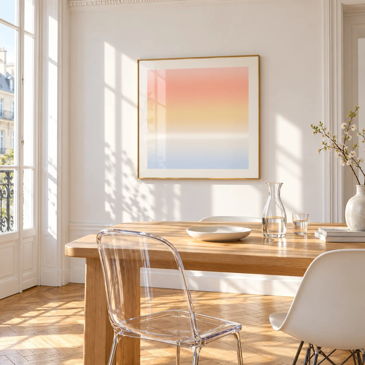 Ombre Print, framed on the wall of a bright dining corner