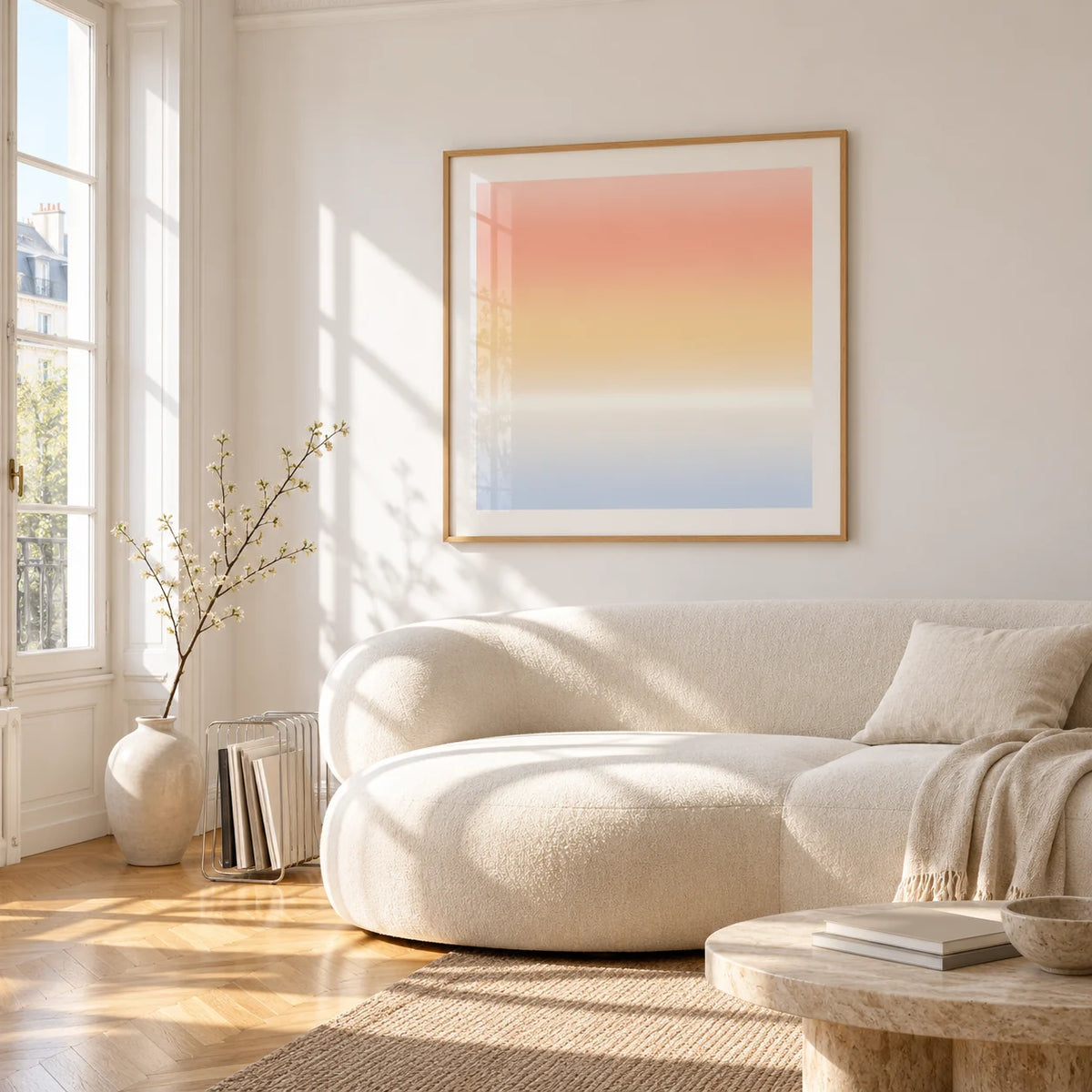 Ombre Print, framed on the wall of a bright living room corner