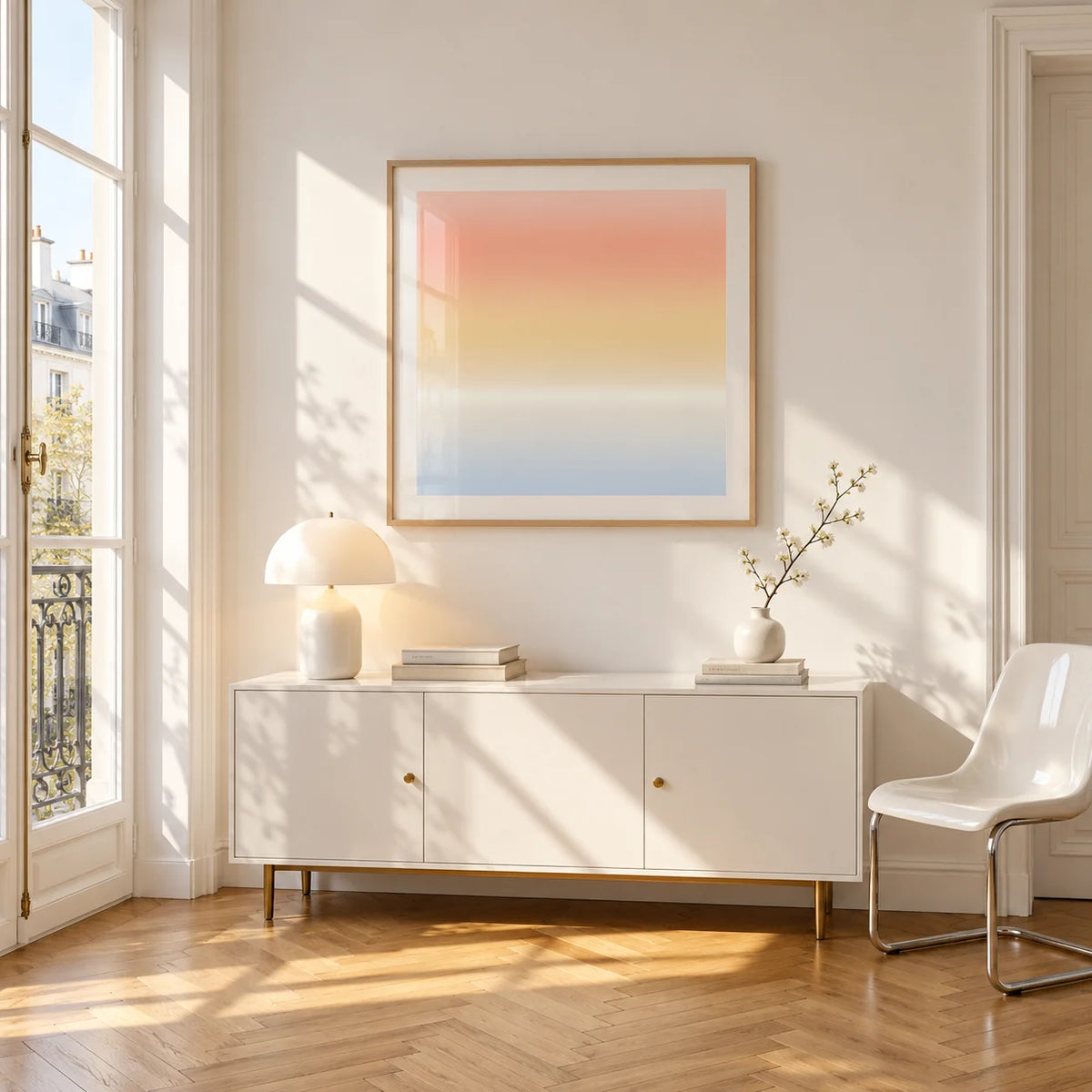 Ombre Print, framed on the wall of a bright Paris style apartment in a living room