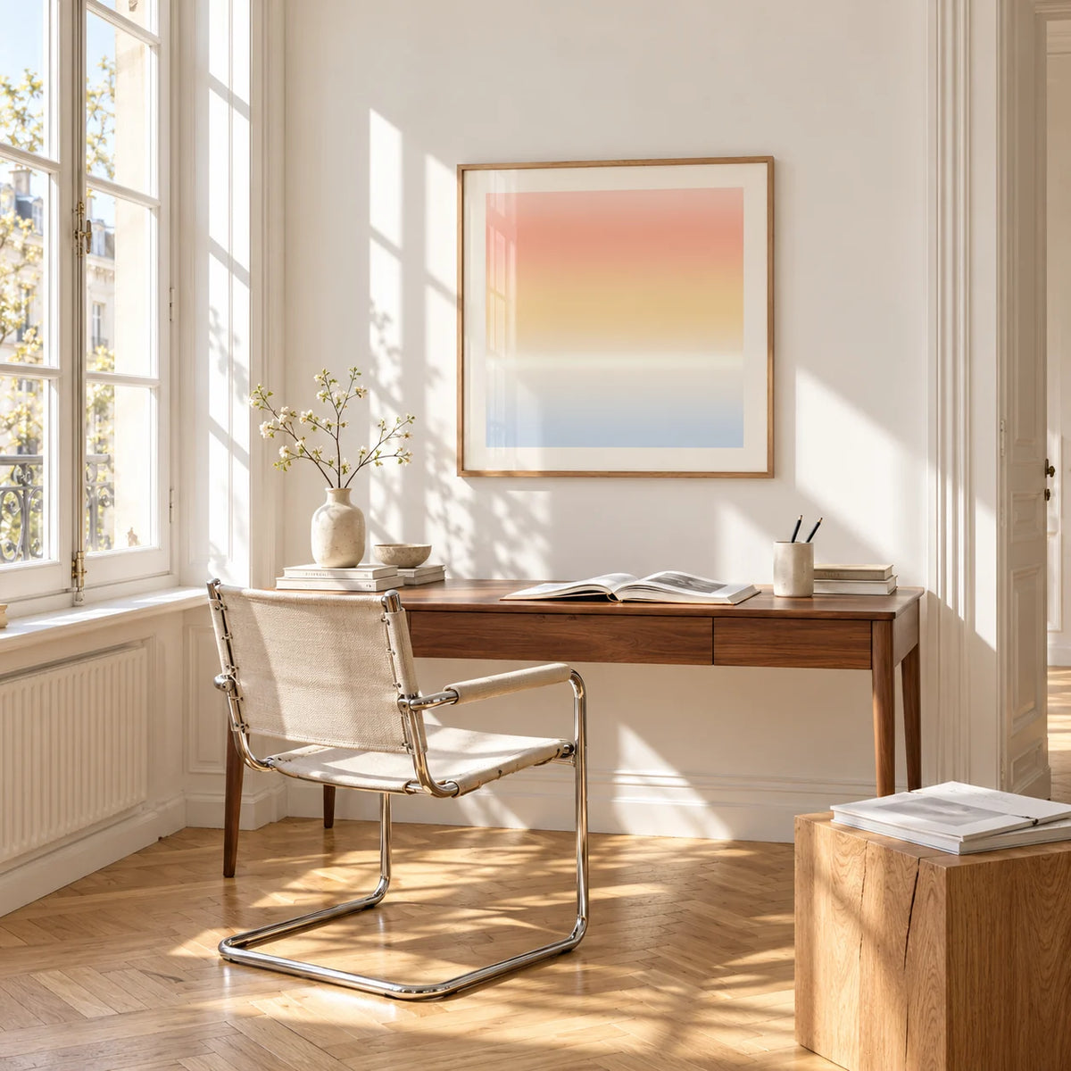 Ombre Print, framed on the wall of a bright study corner with a tall white paned window