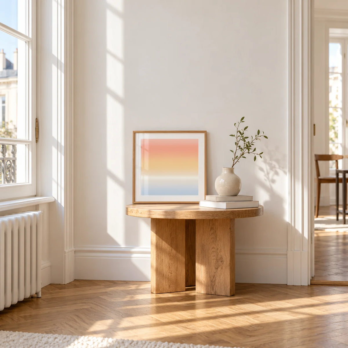 Ombre Print, a small square framed print leaning on a small solid oak side table