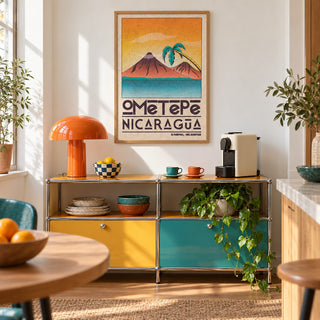 Ometepe Nicaragua Poster shown in a kitchen above a coffee station (frame not included)