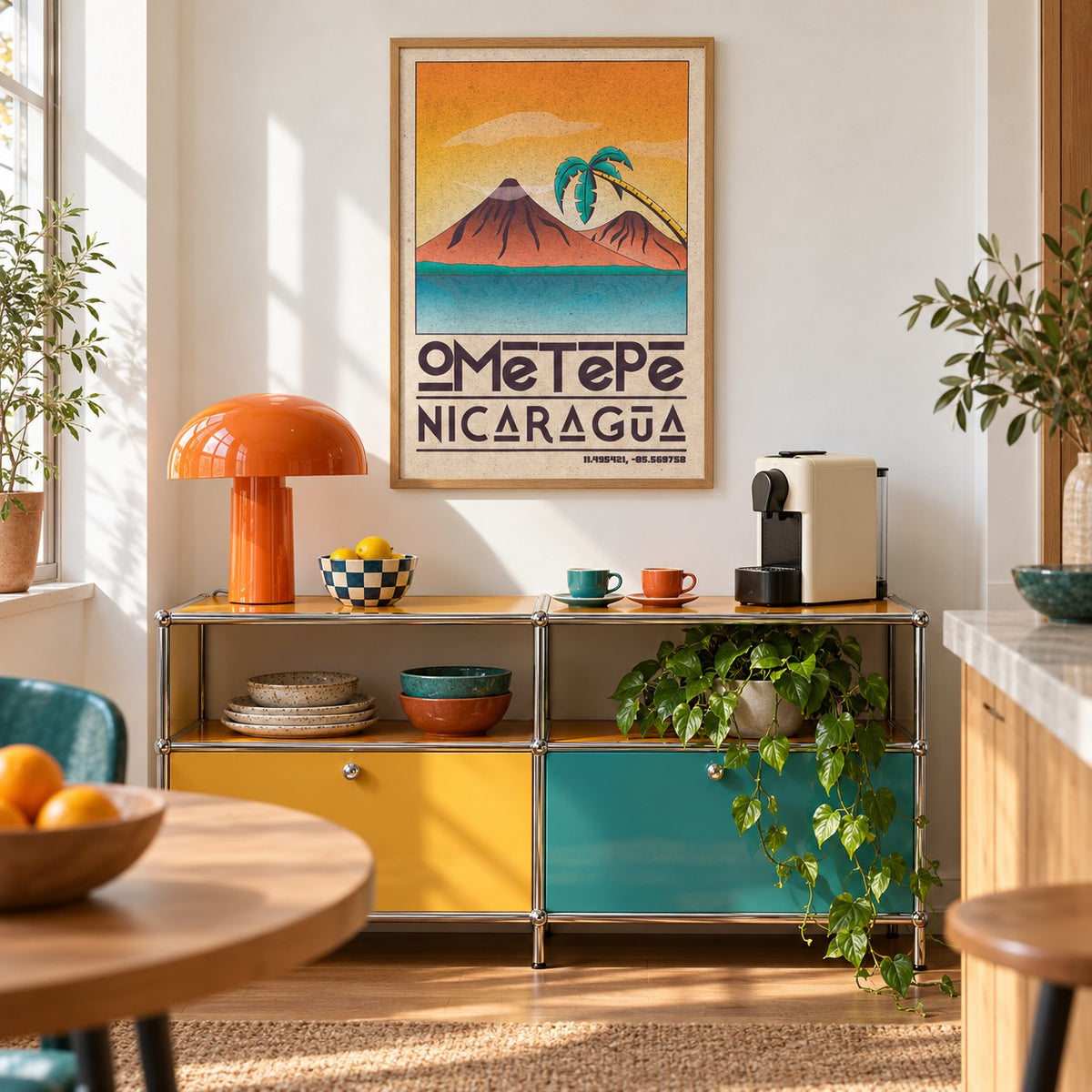 Ometepe Nicaragua Poster shown in a kitchen above a coffee station (frame not included)
