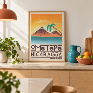 Ometepe Nicaragua Poster shown in a kitchen, leaning on the counter (frame not included)
