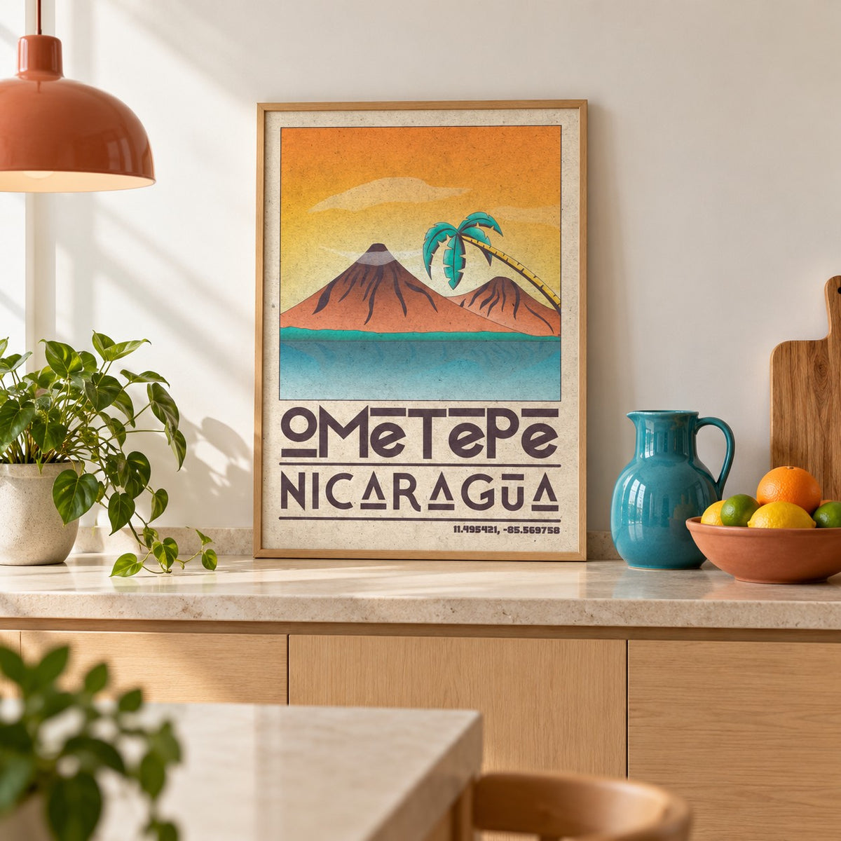 Ometepe Nicaragua Poster shown in a kitchen, leaning on the counter (frame not included)
