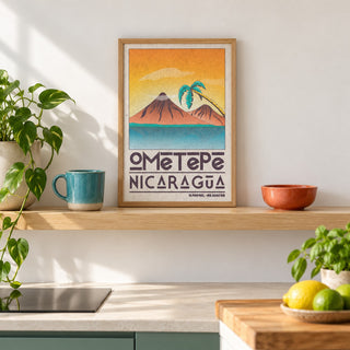 Ometepe Nicaragua Poster shown in the small A4 size on a kitchen shelf (frame not included)