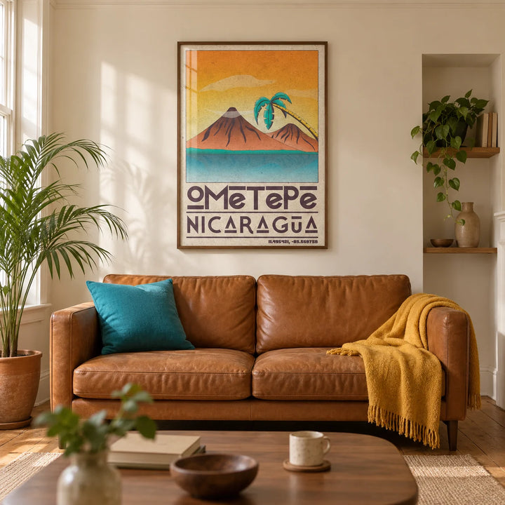 Ometepe Nicaragua Poster, framed on the wall of a warm living room in a Victorian UK terrace with cream plaster walls