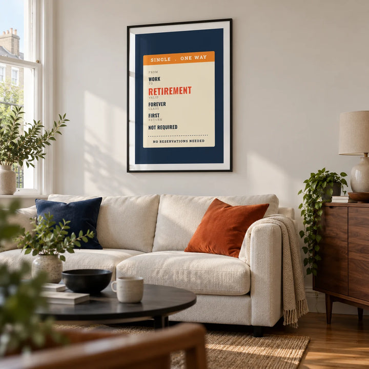 One Way Ticket Print, framed on the wall of a crisp modern living room in a UK townhouse with pale walls and an oak floor