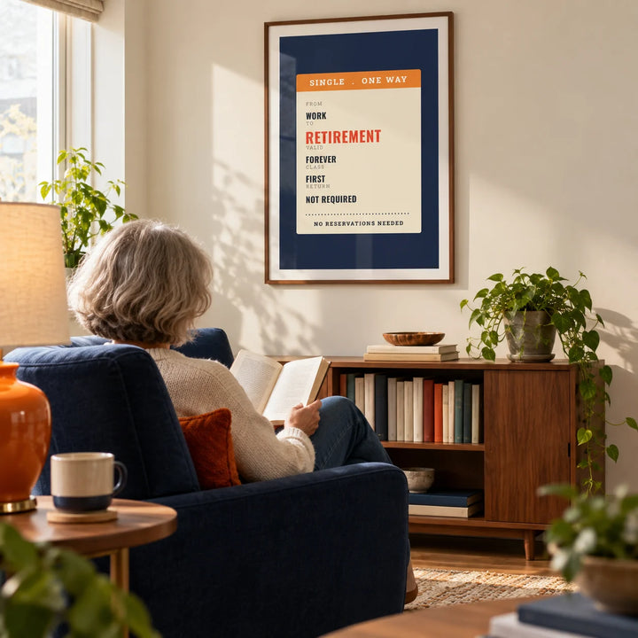 One Way Ticket Print, framed on the wall of a light-filled reading corner in a retired adult's contemporary UK flat with a cream wall in a living room