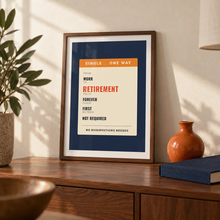 One Way Ticket Print, a small A4 framed print leaning on a walnut sideboard in a living room