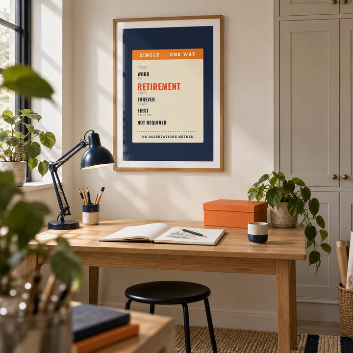 One Way Ticket Print, framed on the wall of a tidy contemporary hobby room in a UK home with an off-white wall and built-in closed cupboards