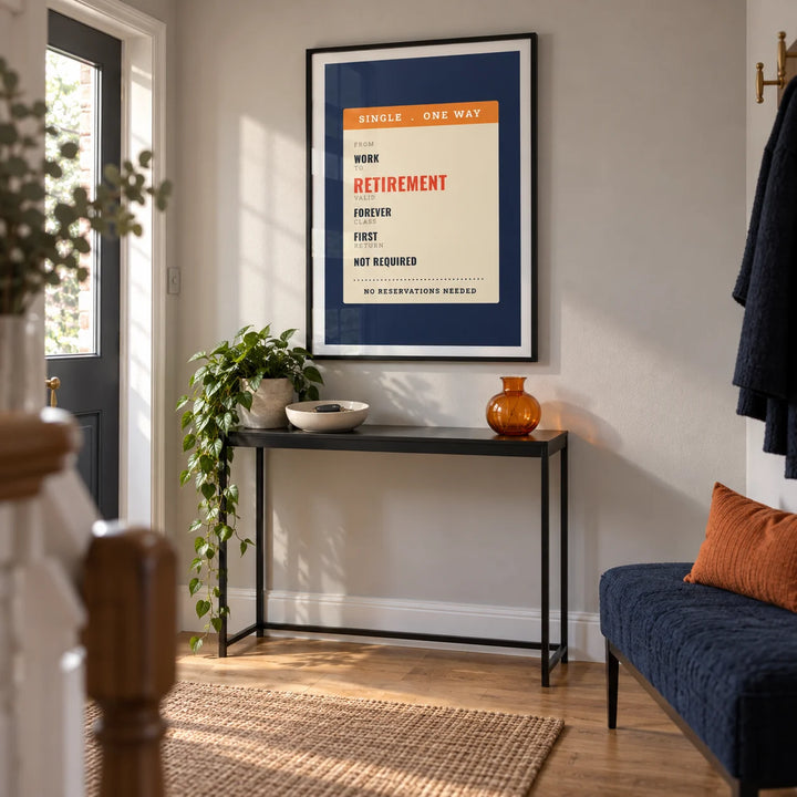 One Way Ticket Print, framed on the wall of a welcoming modern hallway in a UK semi-detached home with a pale grey wall and plain oak flooring