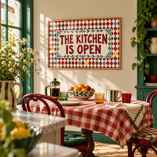 Open Kitchen Harlequin Print, framed on the wall of a bright breakfast nook