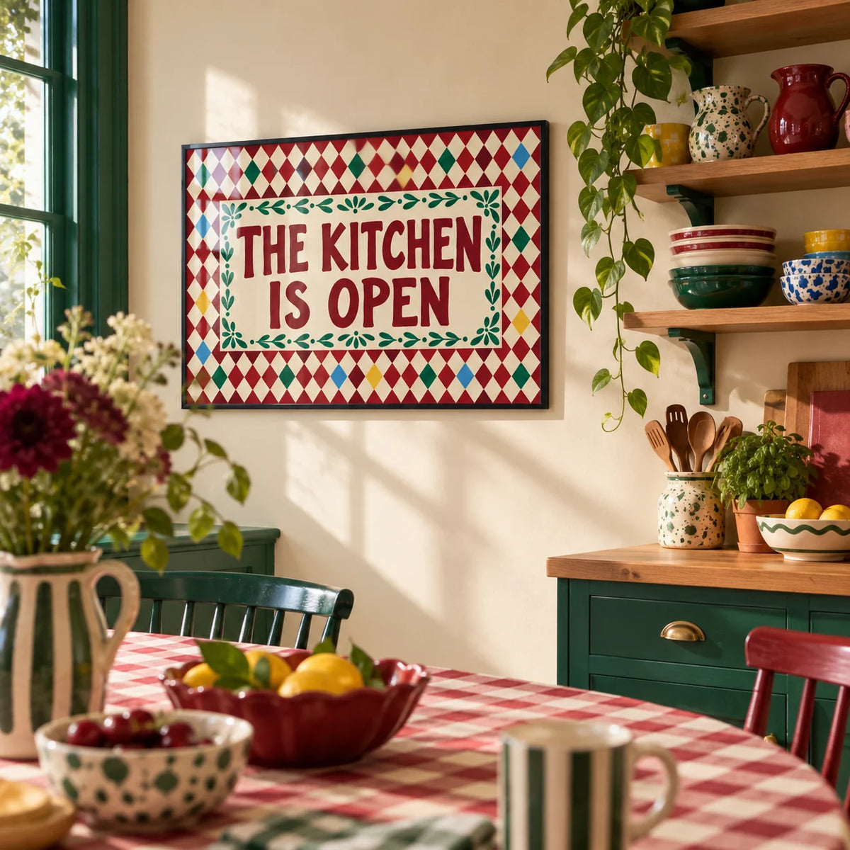 Open Kitchen Harlequin Print, framed on the wall of a fun kitchen corner