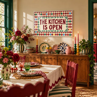 Open Kitchen Harlequin Print, framed on the wall of a maximalist dining room