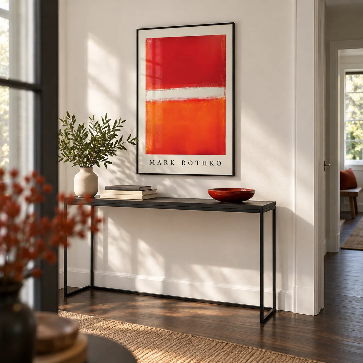 Orange Abstract Art, framed on the wall of a crisp hallway with a white wall and a dark oak floor