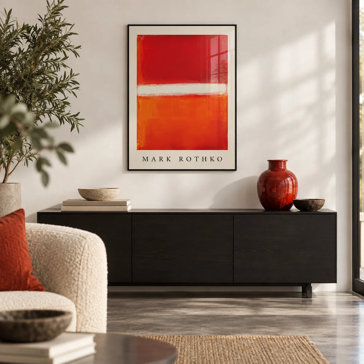 Orange Abstract Art, framed on the wall of a design-led city flat living room with a white wall and a polished concrete floor