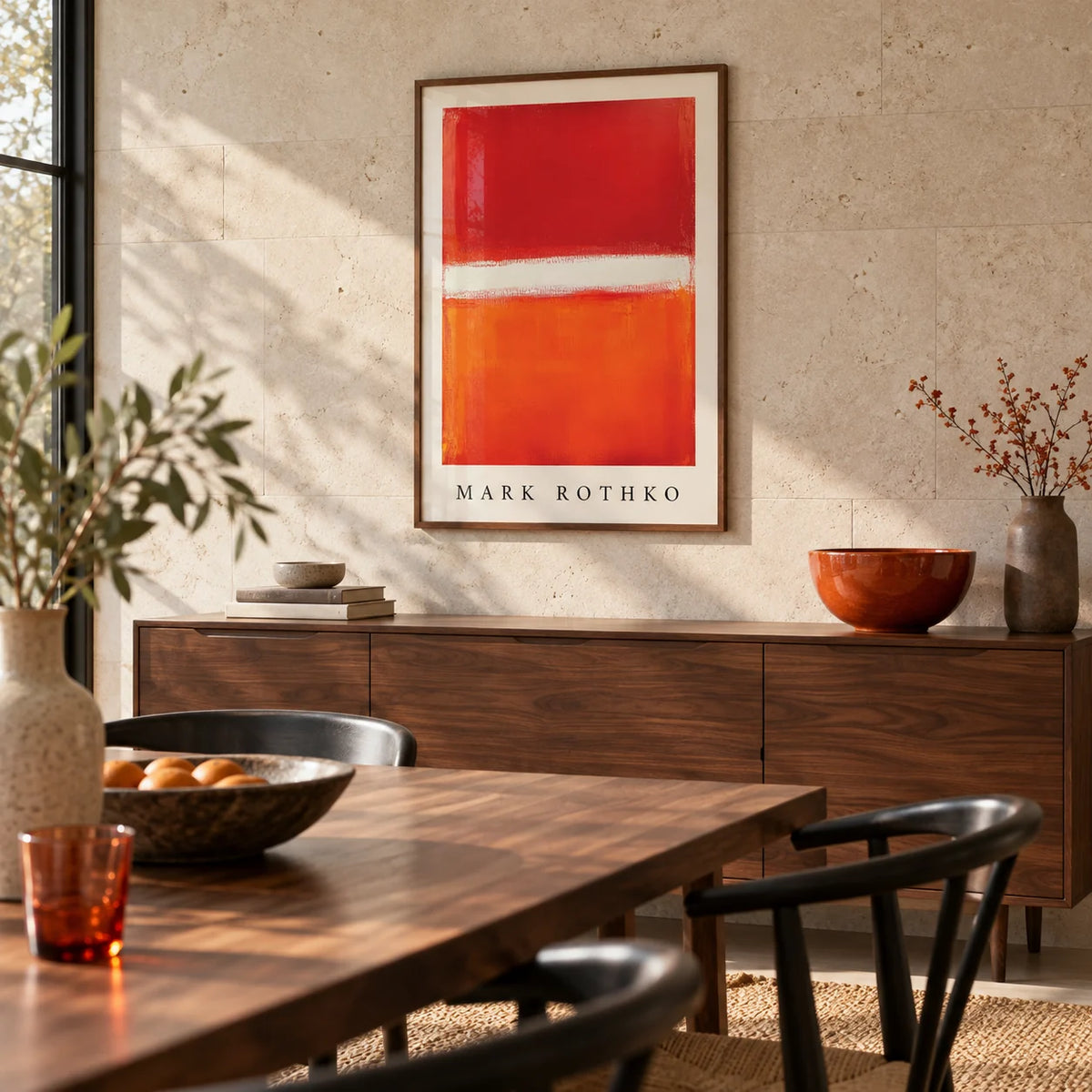 Orange Abstract Art, framed on the wall of a modern dining room with a pale stone wall