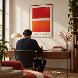 Orange Abstract Art, framed on the wall of a modern home study with a warm white wall