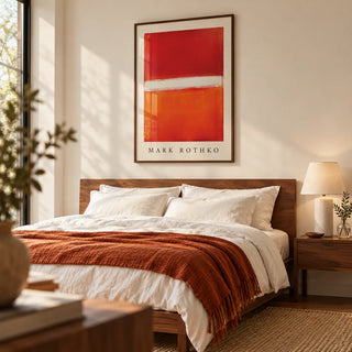 Orange Abstract Art, framed on the wall of a warm modern bedroom with a soft cream wall