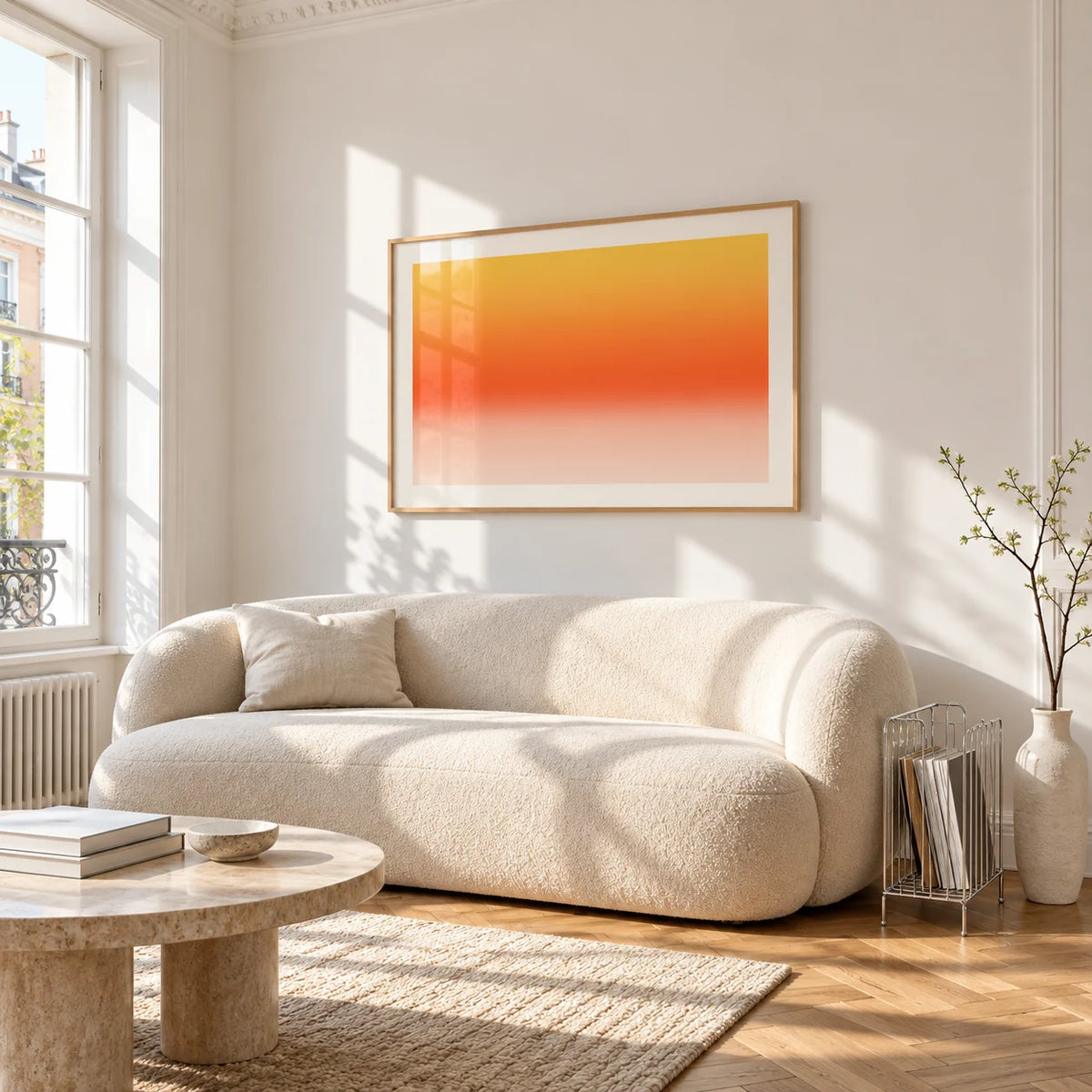 Orange Abstract Wall Art, framed on the wall of a bright living room corner