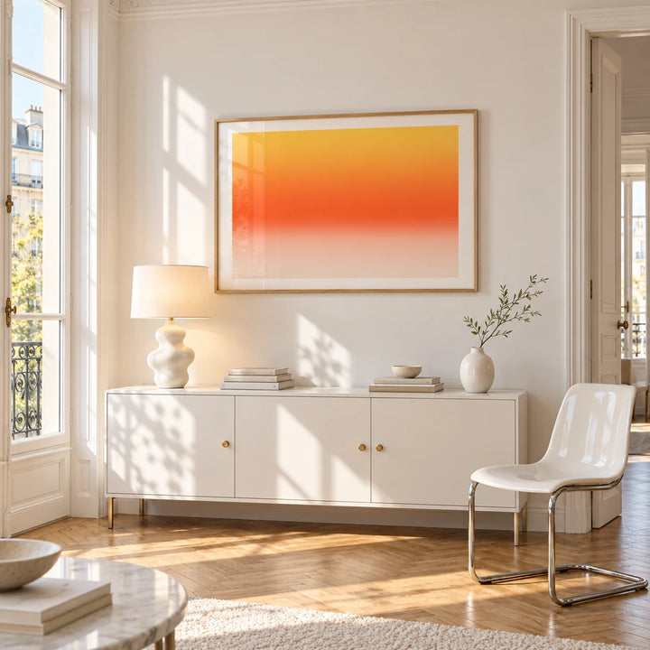Orange Abstract Wall Art, framed on the wall of a bright Paris style apartment in a living room
