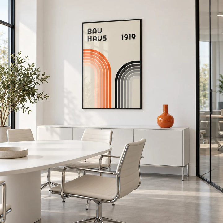 Orange and Black Wall Art, framed on the wall of a graphic designer's studio with white painted brick walls and big black factory windows in a home office