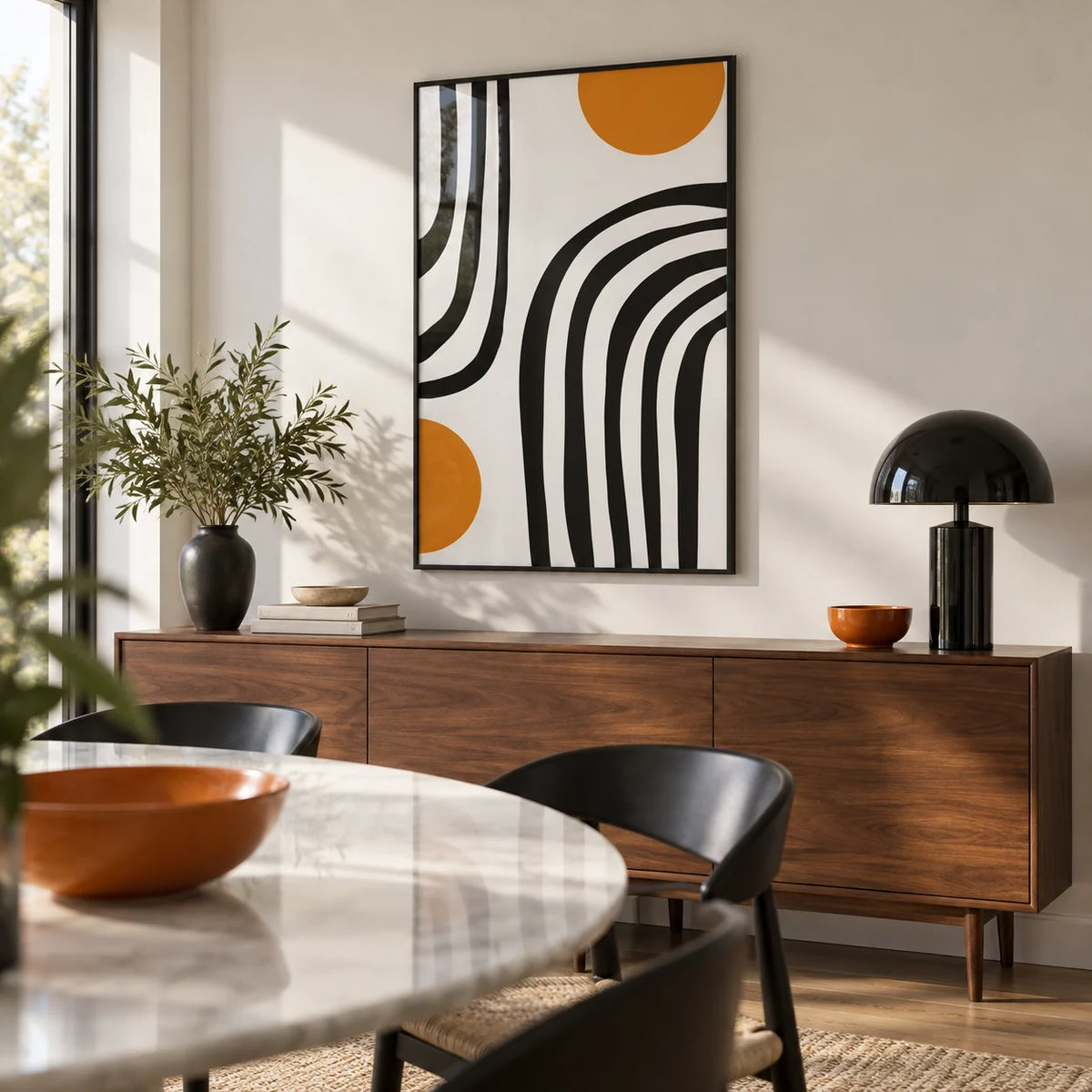 Orange and Black Wall Art, framed on the wall of a modern dining room with a white wall