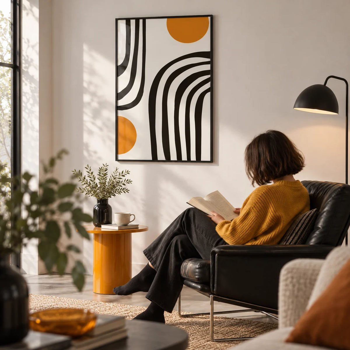Orange and Black Wall Art, framed on the wall of a modern living room corner with a white wall