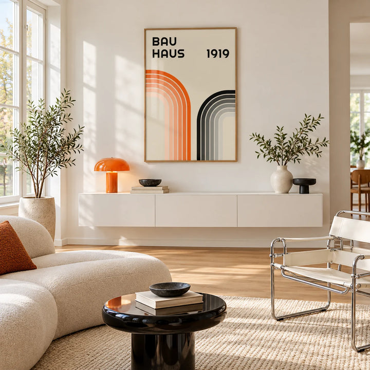 Orange and Black Wall Art, framed on the wall of a monochrome living room with white walls and a pale oak floor