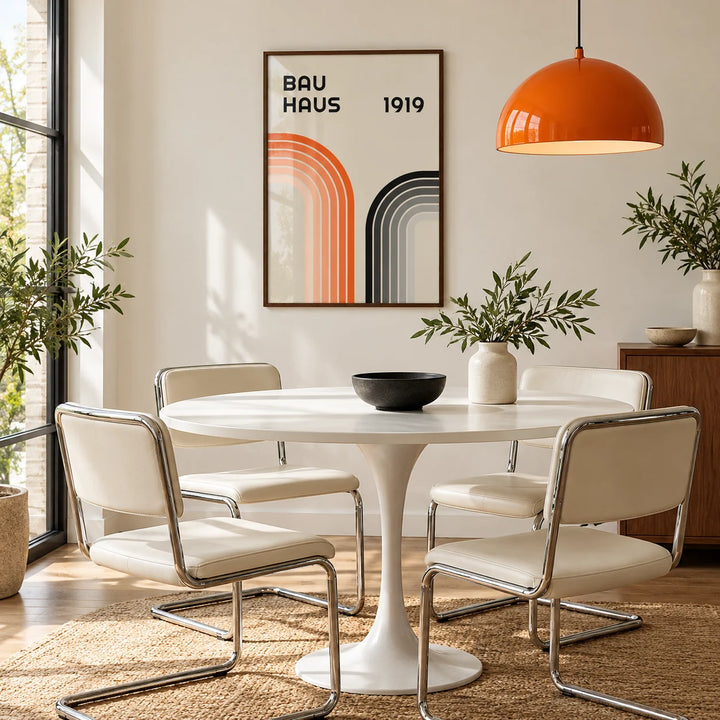 Orange and Black Wall Art, framed on the wall of a retro dining nook with a cream wall