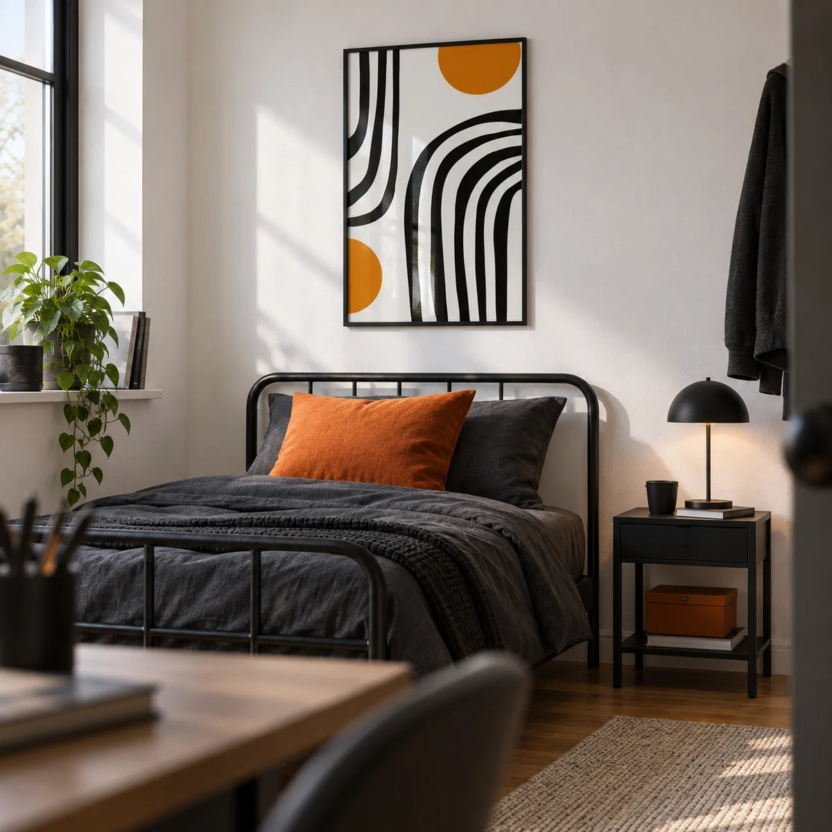 Orange and Black Wall Art, framed on the wall of a tidy single bedroom for a young man (16-22) with a white wall