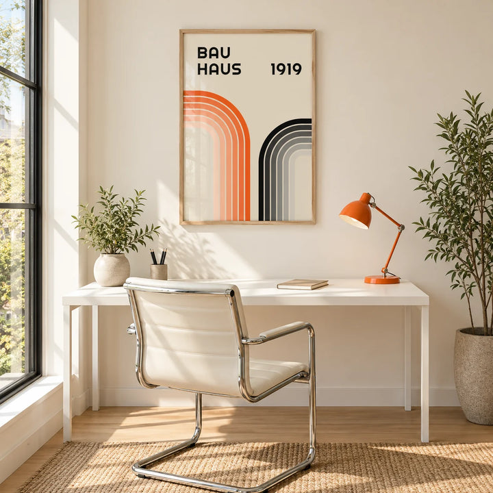 Orange and Black Wall Art, framed on the wall of a warm minimal room with a cream wall and a shaggy cream rug in a home office