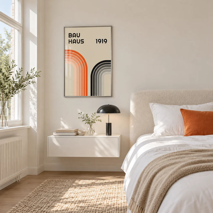 Orange and Black Wall Art, framed on the wall of a white room corner with soft daylight and herringbone oak parquet in a living room